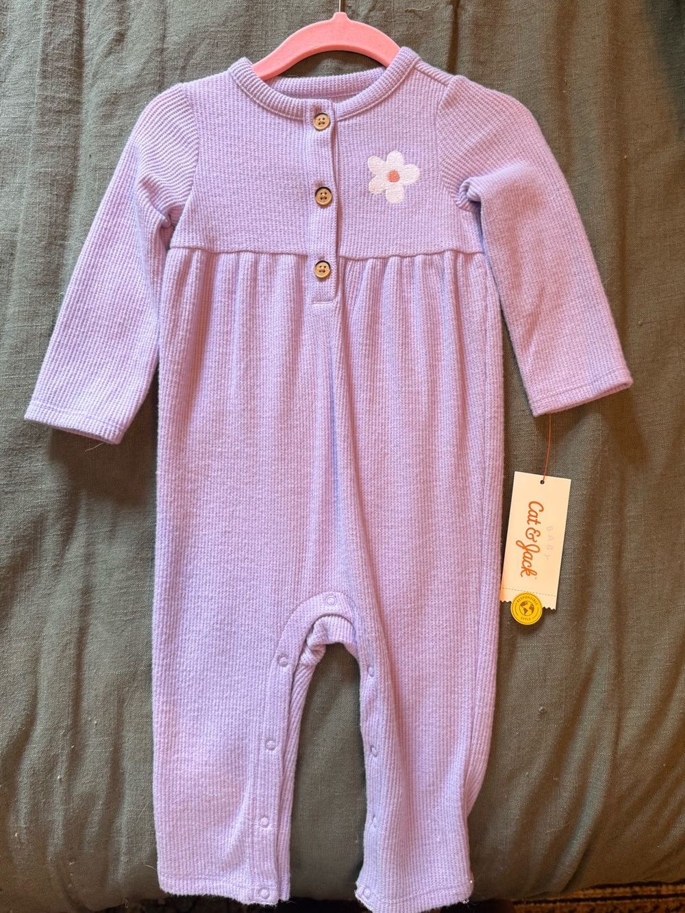 Cat & Jack Lavender Ribbed Knit Footed One-Piece with Flower Accent